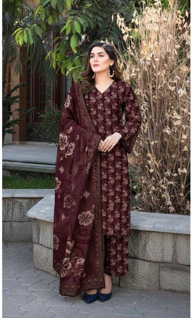 Premium 3-Piece Banadora Staple Suit - Deep Maroon & Beige Floral Print