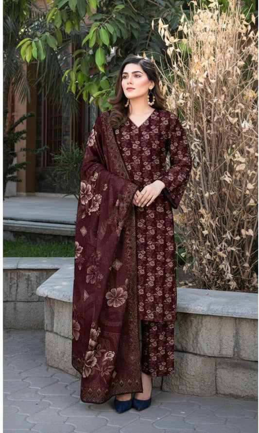 Premium 3-Piece Banadora Staple Suit - Deep Maroon & Beige Floral Print