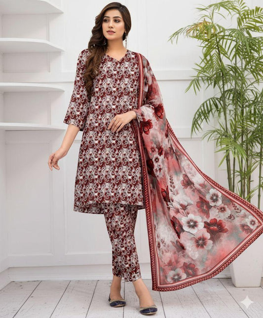 Premium 3-Piece Banadora Staple Suit - Maroon & White Floral Print