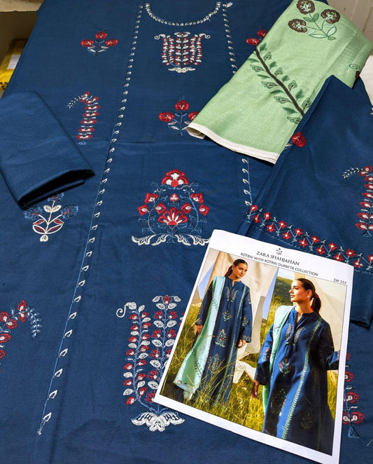 Premium 3-Piece Suit - Deep Blue Embroidered Linen with Mint Shawl