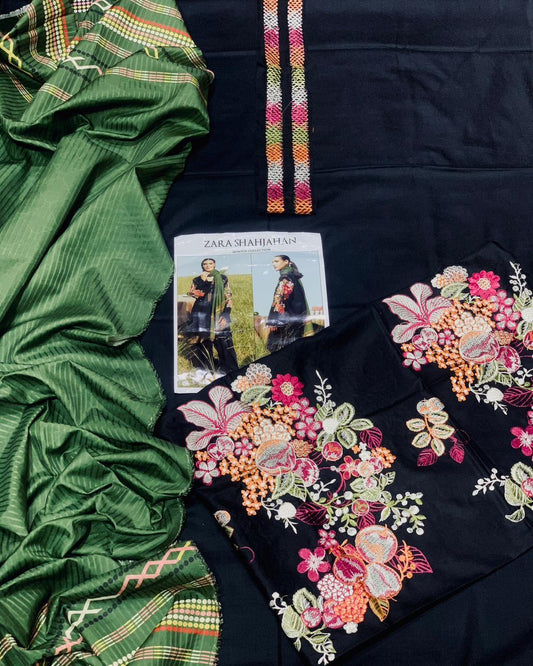 Premium 3-Piece Solid Suit - Black Embroidered Linen with Green Shawl
