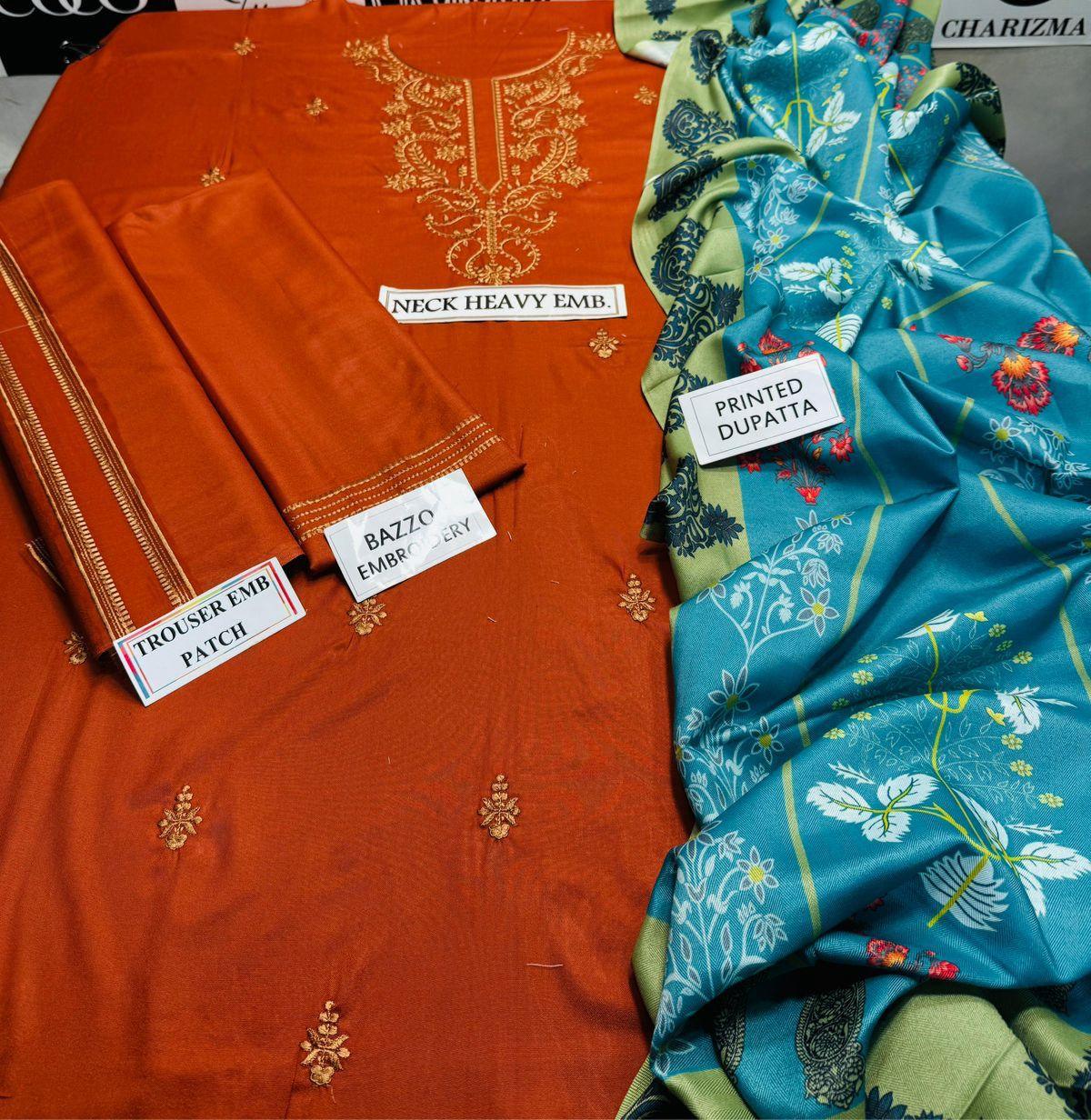 Premium 3-Piece Solid Suit - Burnt Orange Embroidered Winter Fabric with Shawl