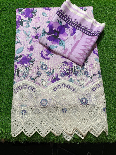 Premium 3-Piece Slub Khaddar Suit – Purple Garden Bloom(Embroidered Daman)