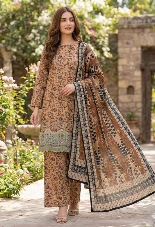 Premium 3-Piece Slub Khaddar Suit – Warm Caramel Classic(Embroidered Daman)