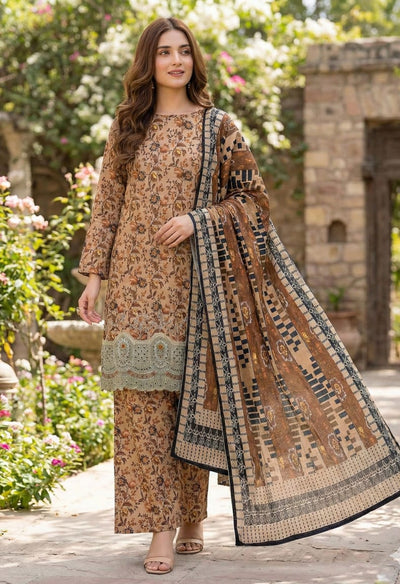 Premium 3-Piece Slub Khaddar Suit – Warm Caramel Classic(Embroidered Daman)