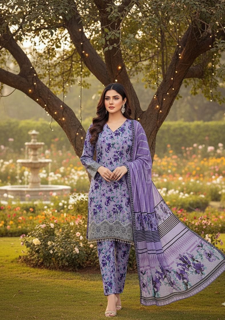 Premium 3-Piece Slub Khaddar Suit – Purple Garden Bloom(Embroidered Daman)