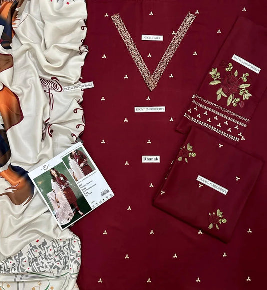 Premium 3-piece Dhanak Embroidered suit With digital printed Shawl in Deep Maroon Colour