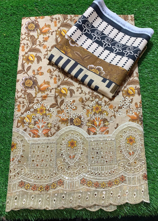 Premium 3-Piece Slub Khaddar Suit – Warm Caramel Classic(Embroidered Daman)