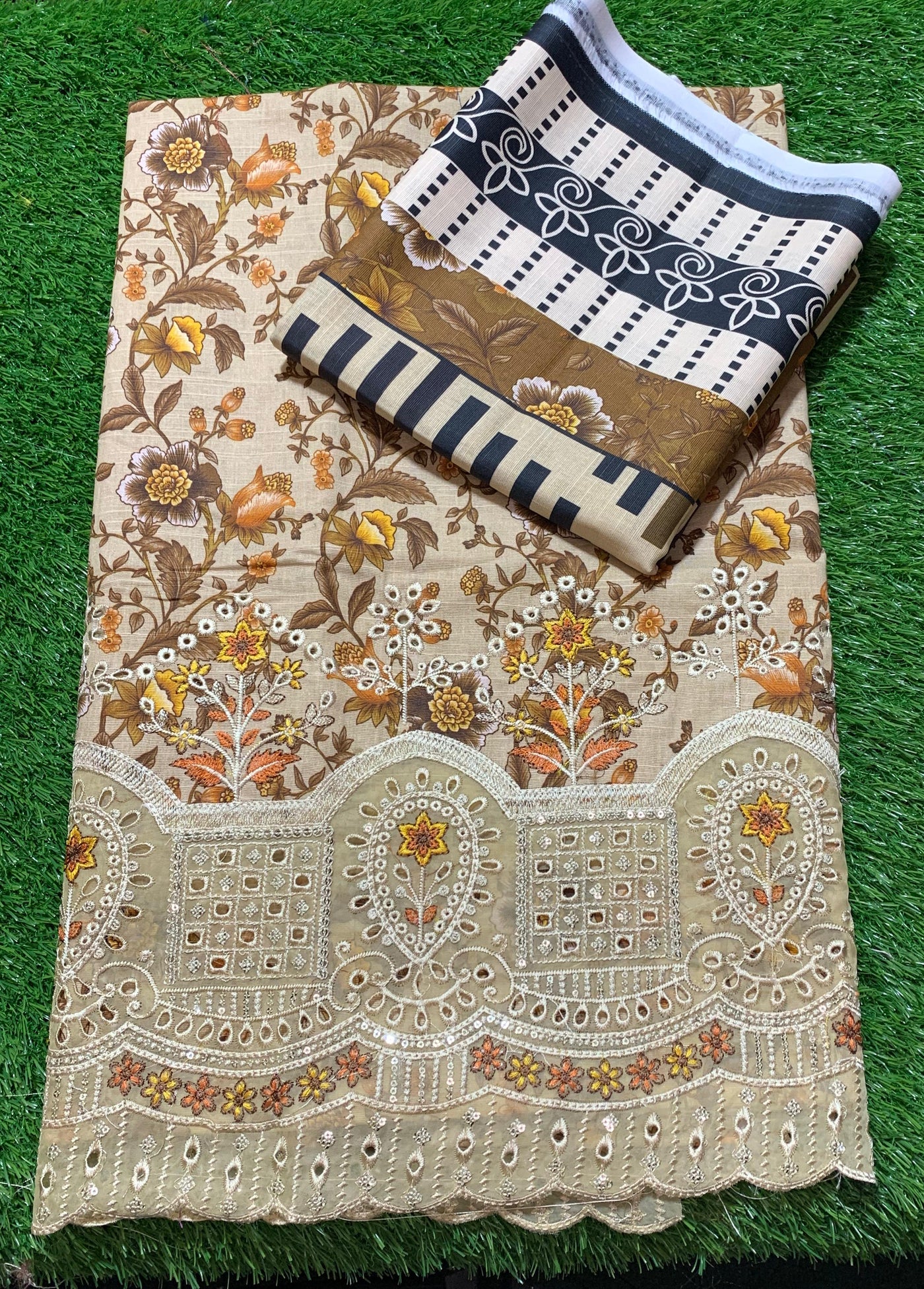 Premium 3-Piece Slub Khaddar Suit – Warm Caramel Classic(Embroidered Daman)