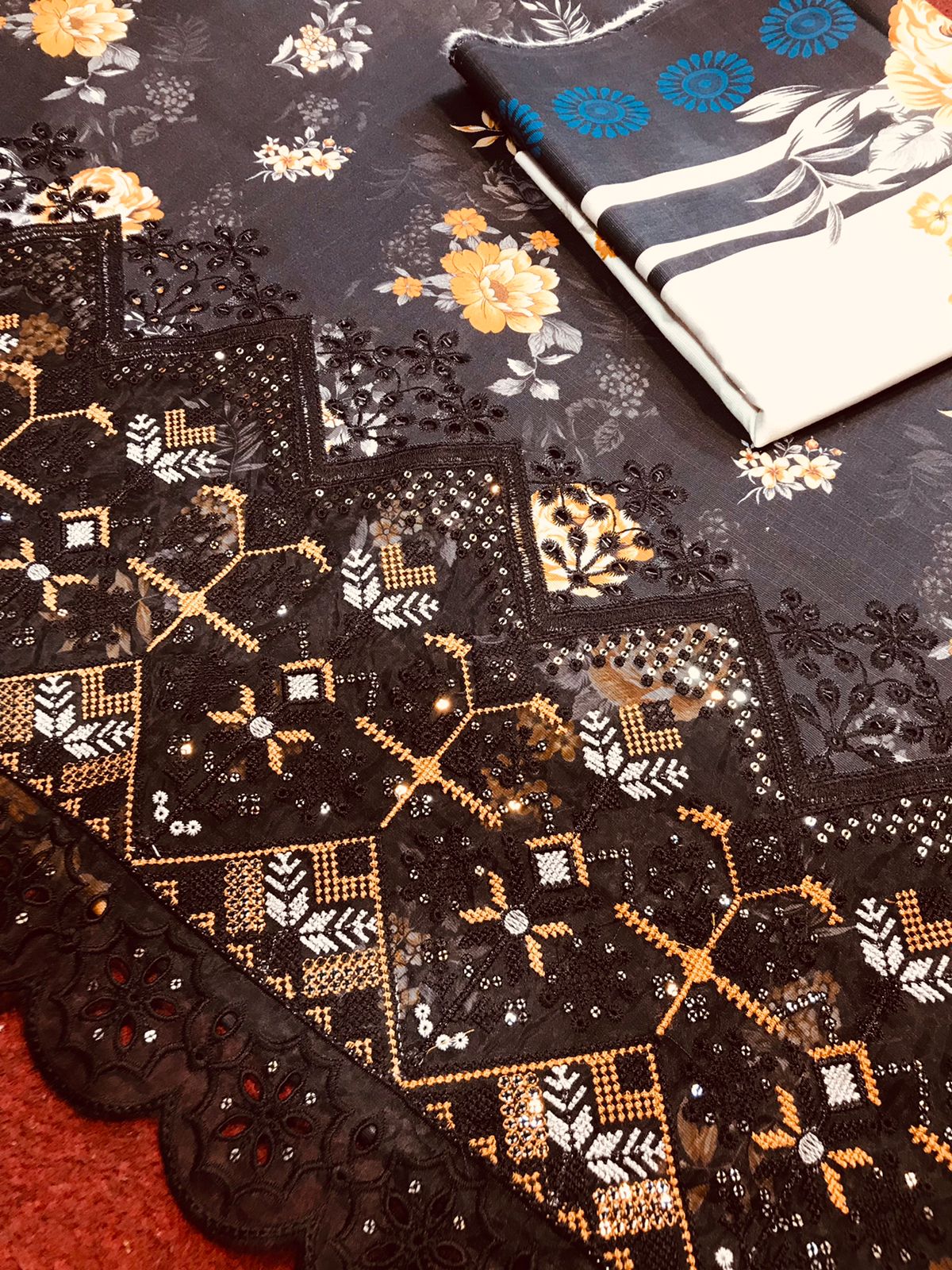 Premium 3-Piece Slub Khaddar Suit – Black Floral Edition (Daman Embroidery & Patchwork Boring)