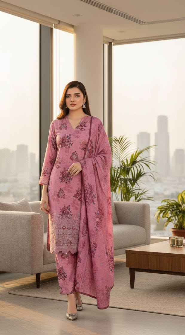 Premium 3-Piece Slub Khaddar Suit – Rose Pink Floral Edition (Daman Embroidery)
