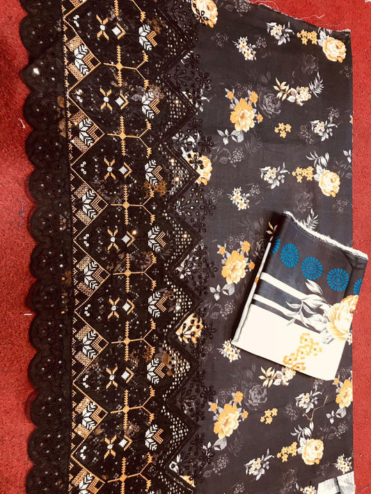 Premium 3-Piece Slub Khaddar Suit – Black Floral Edition (Daman Embroidery & Patchwork Boring)