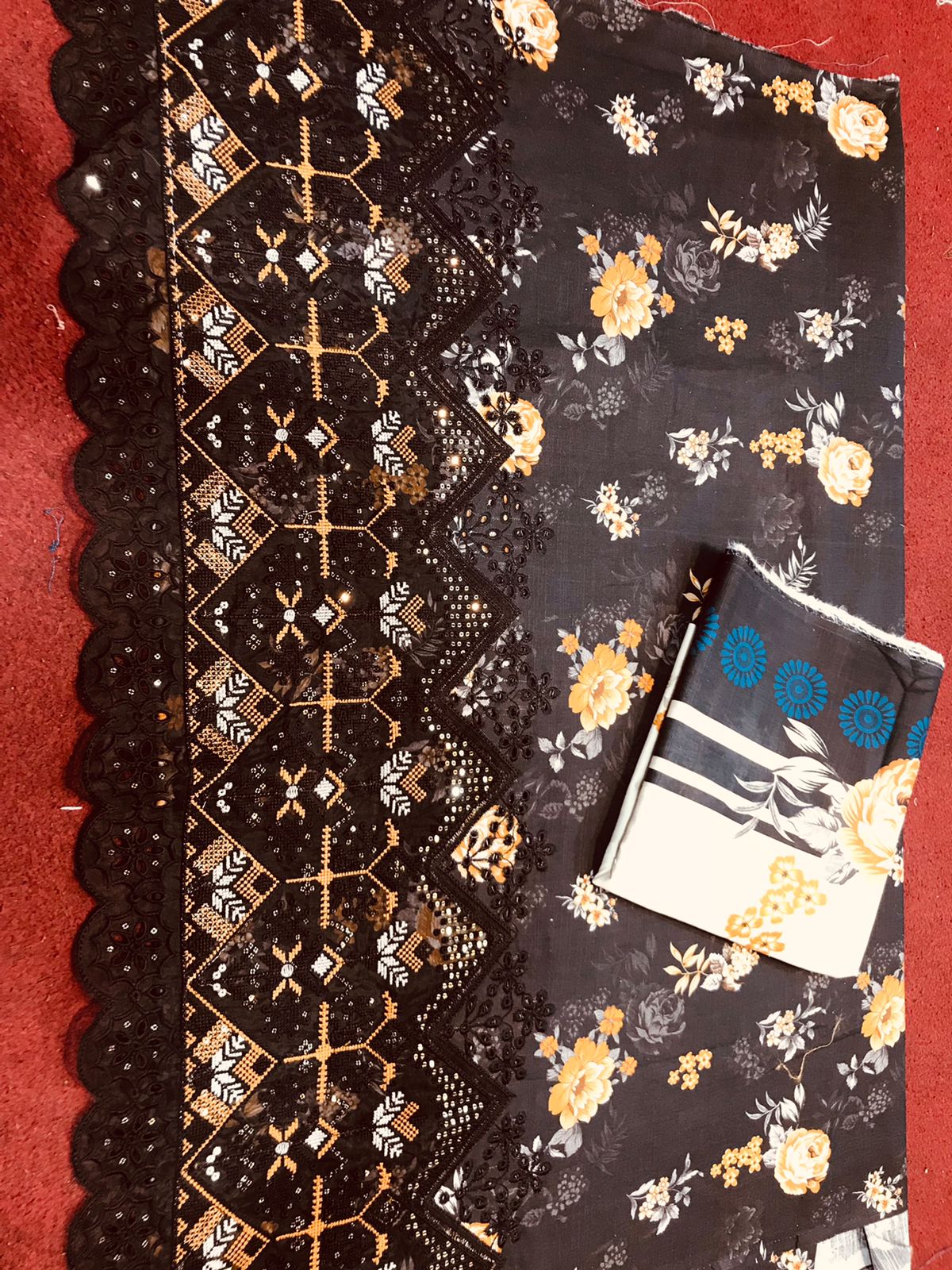 Premium 3-Piece Slub Khaddar Suit – Black Floral Edition (Daman Embroidery & Patchwork Boring)