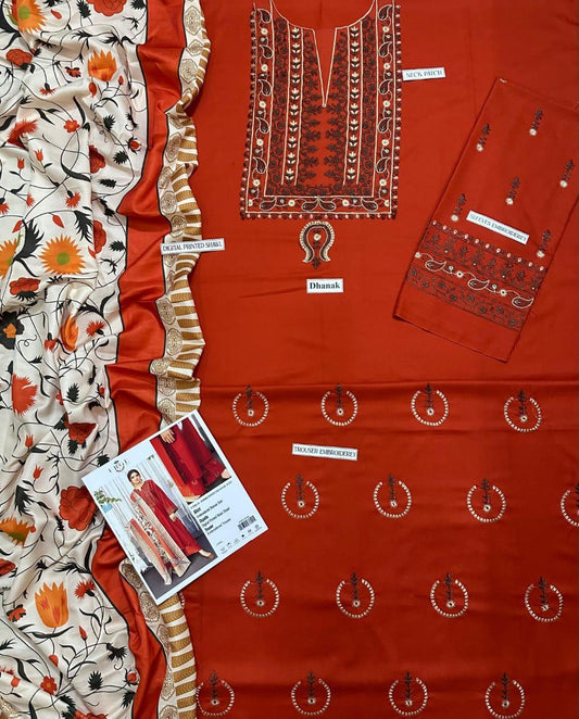 Premium Dhanak 3-piece with embroidered trouser neck and sleeves and also digital printed Shawl in wild Orange colour