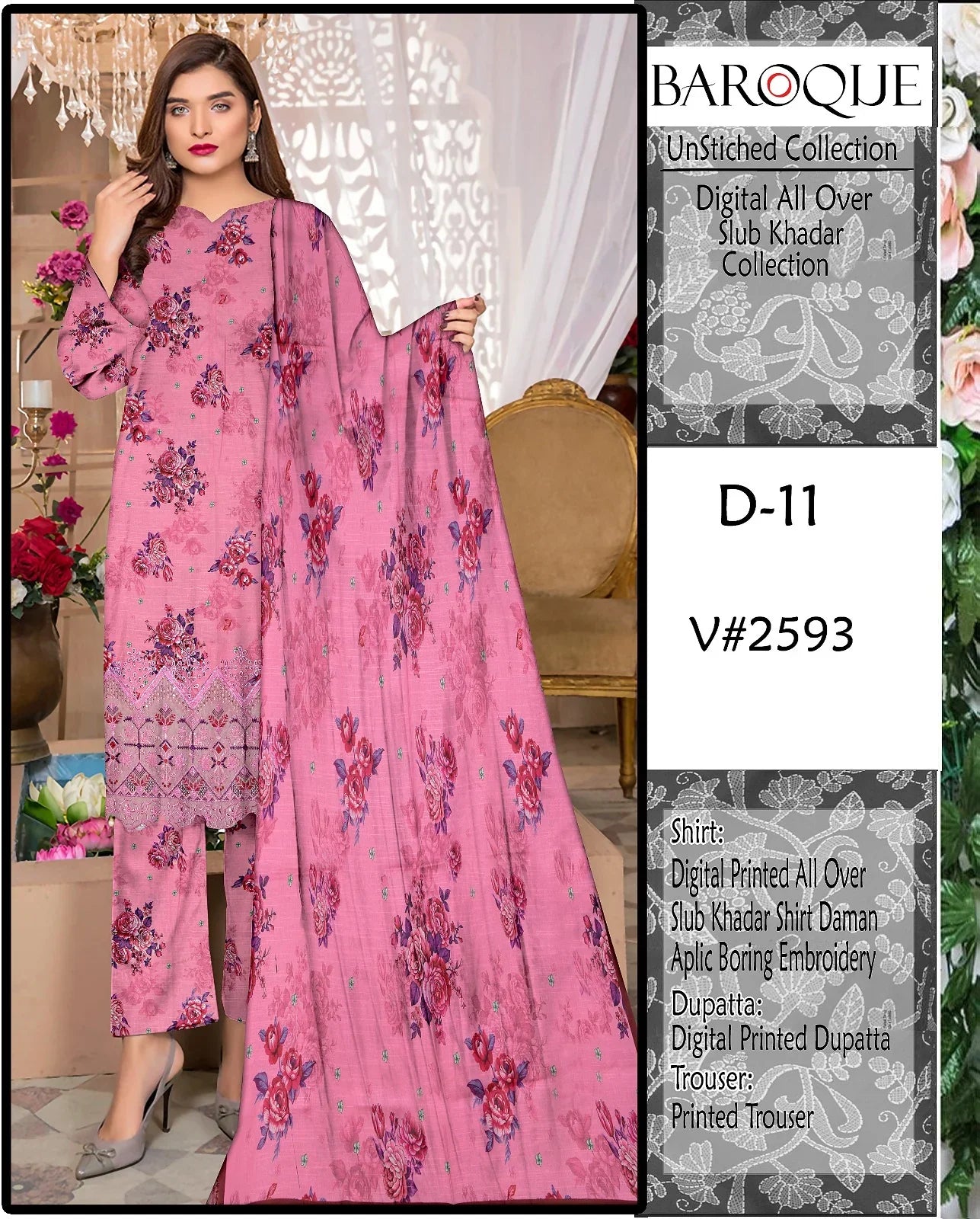 Premium 3-Piece Slub Khaddar Suit – Rose Pink Floral Edition (Daman Embroidery)