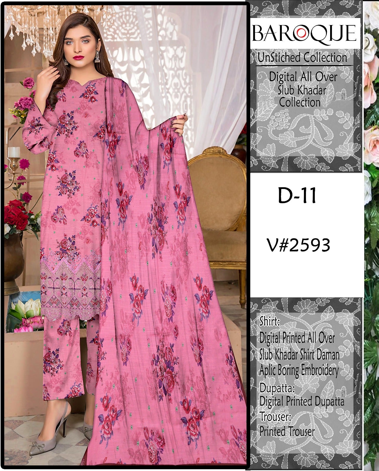 Premium 3-Piece Slub Khaddar Suit – Rose Pink Floral Edition (Daman Embroidery)