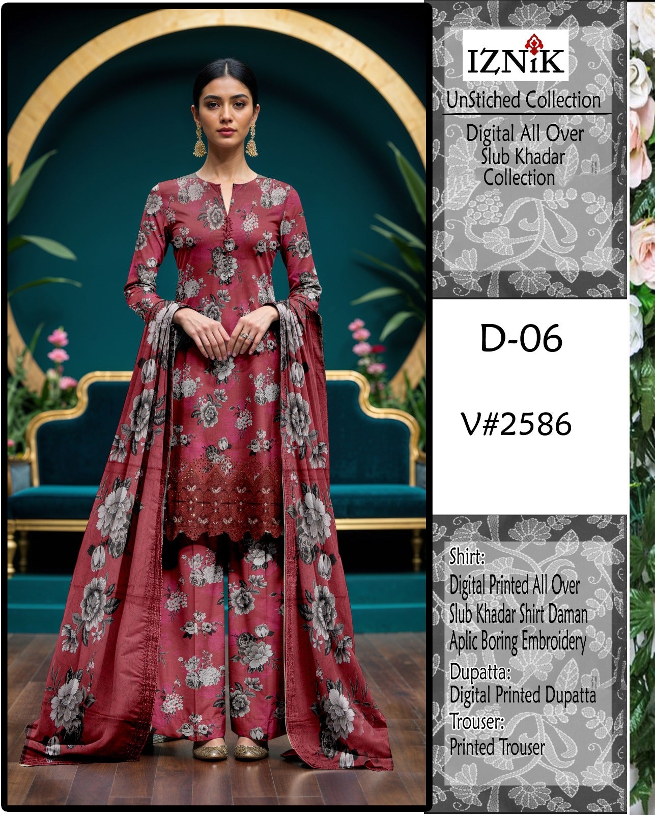 Premium 3-Piece Slub Khaddar Suit – Maroon Grey Floral Edition (Embroidered Daman)