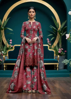 Premium 3-Piece Slub Khaddar Suit – Maroon Grey Floral Edition (Embroidered Daman)