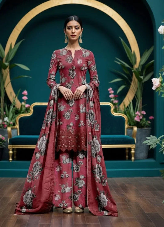 Premium 3-Piece Slub Khaddar Suit – Maroon Grey Floral Edition (Embroidered Daman)