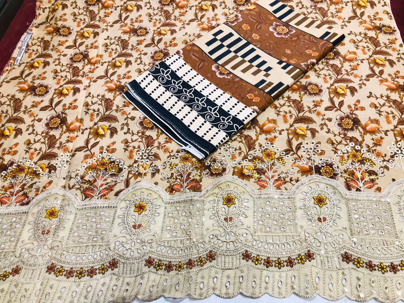 Premium 3-Piece Slub Khaddar Suit – Warm Caramel Classic(Embroidered Daman)