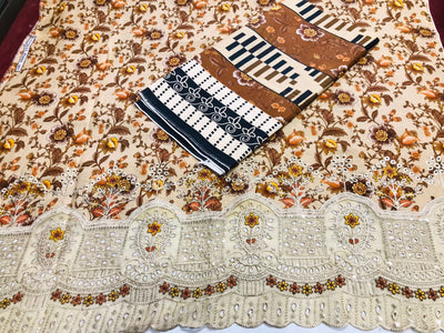 Premium 3-Piece Slub Khaddar Suit – Warm Caramel Classic(Embroidered Daman)