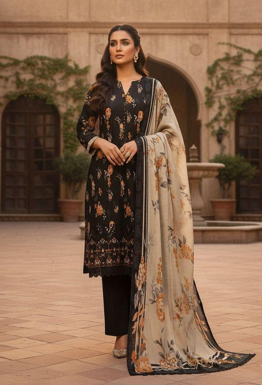 Premium 3-Piece Slub Khaddar Suit – Black Floral Edition (Daman Embroidery & Patchwork Boring)