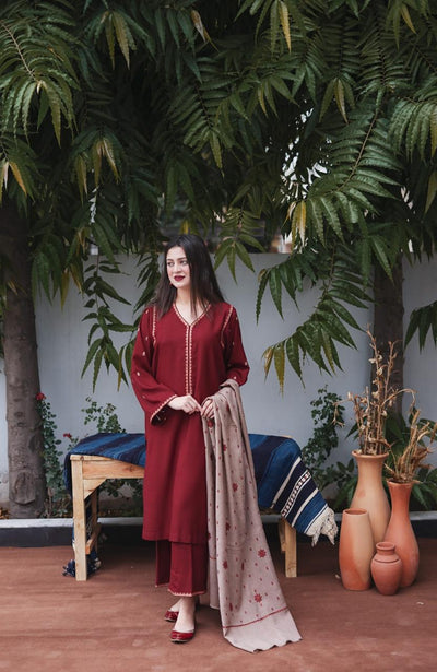 Premium 3-Piece Solid Suit - Maroon Embroidered Khaddar with Shawl