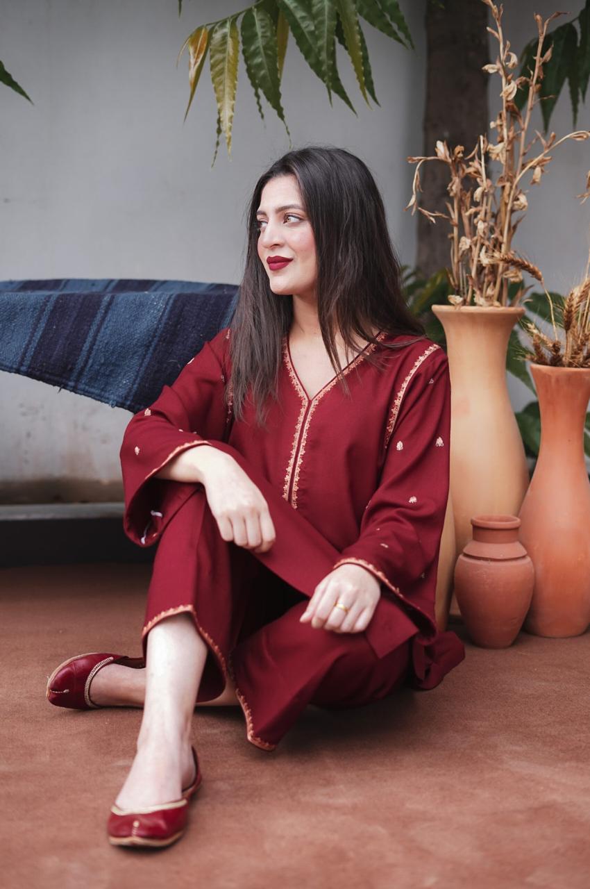 Premium 3-Piece Solid Suit - Maroon Embroidered Khaddar with Shawl