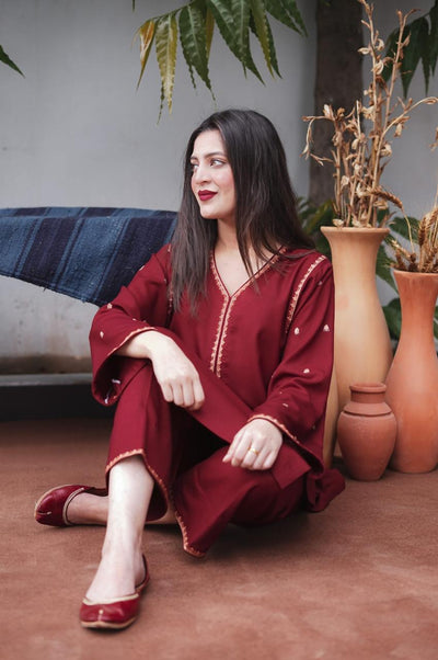 Premium 3-Piece Solid Suit - Maroon Embroidered Khaddar with Shawl