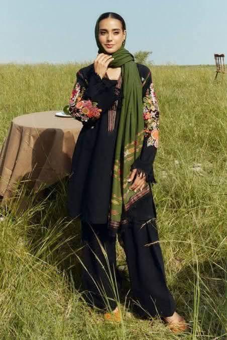 Premium 3-Piece Solid Suit - Black Embroidered Linen with Green Shawl