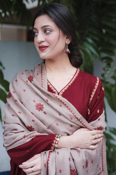 Premium 3-Piece Solid Suit - Maroon Embroidered Khaddar with Shawl