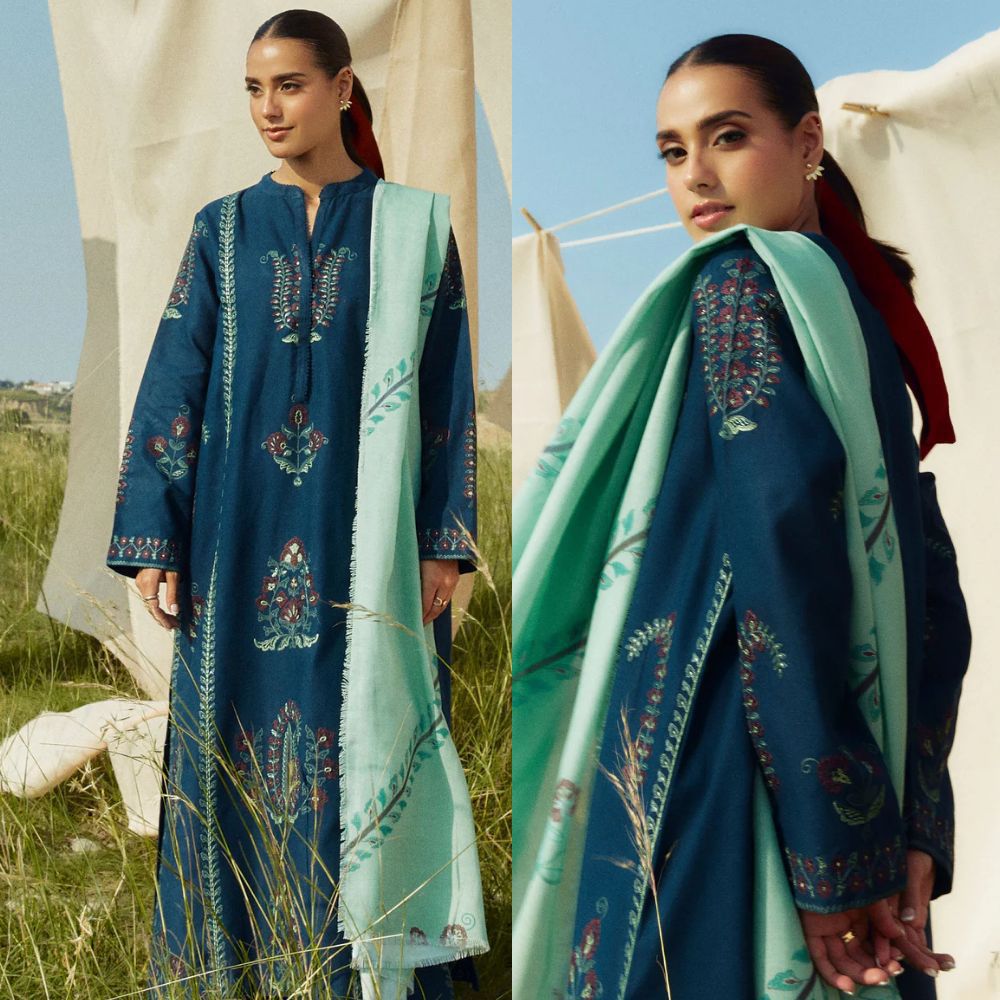Premium 3-Piece Suit - Deep Blue Embroidered Linen with Mint Shawl