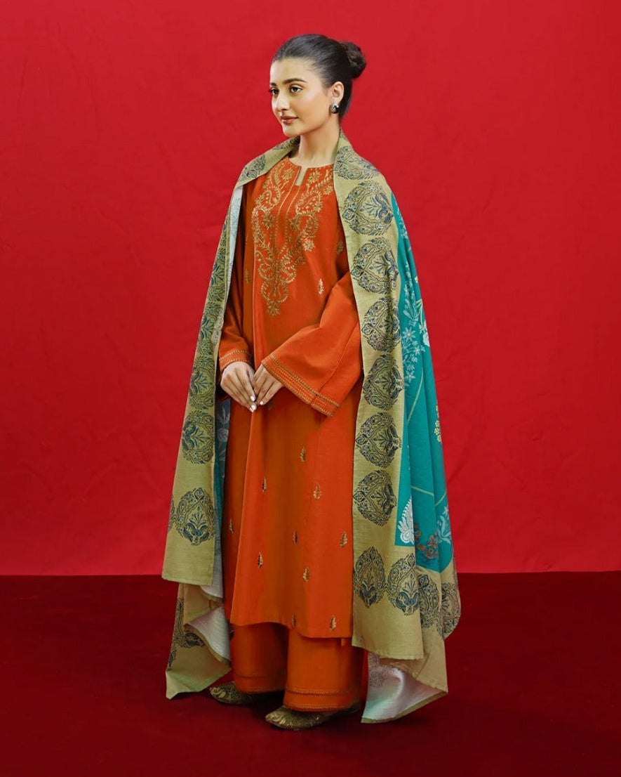 Premium 3-Piece Solid Suit - Burnt Orange Embroidered Winter Fabric with Shawl