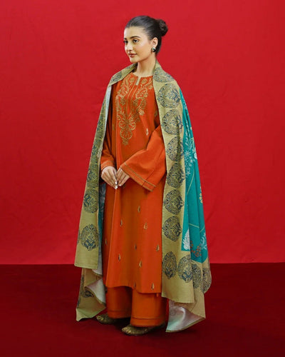 Premium 3-Piece Solid Suit - Burnt Orange Embroidered Winter Fabric with Shawl