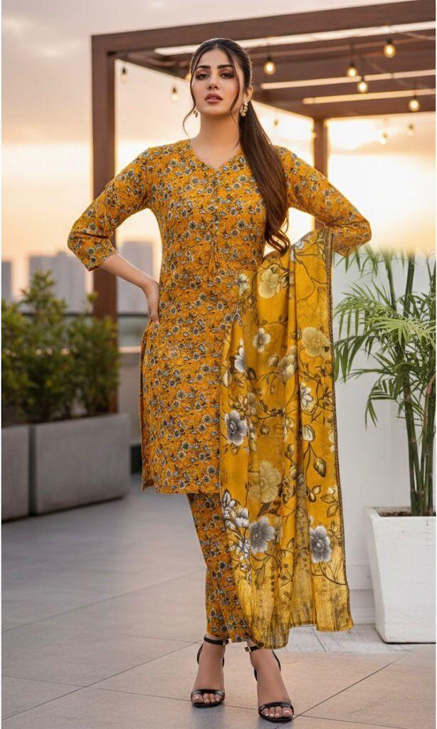 Premium 3-Piece Banadora Staple Suit - Bright Mustard & Grey Floral Print
